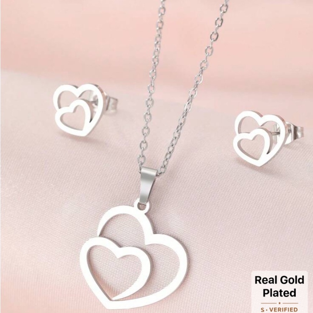 Silver Heart Necklace and Earring Set
